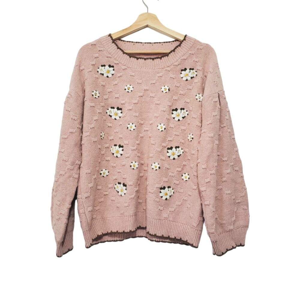 On You | Wool Blend Textured Knit Puff Sleeve Floral Pattern Sweater Grannycore